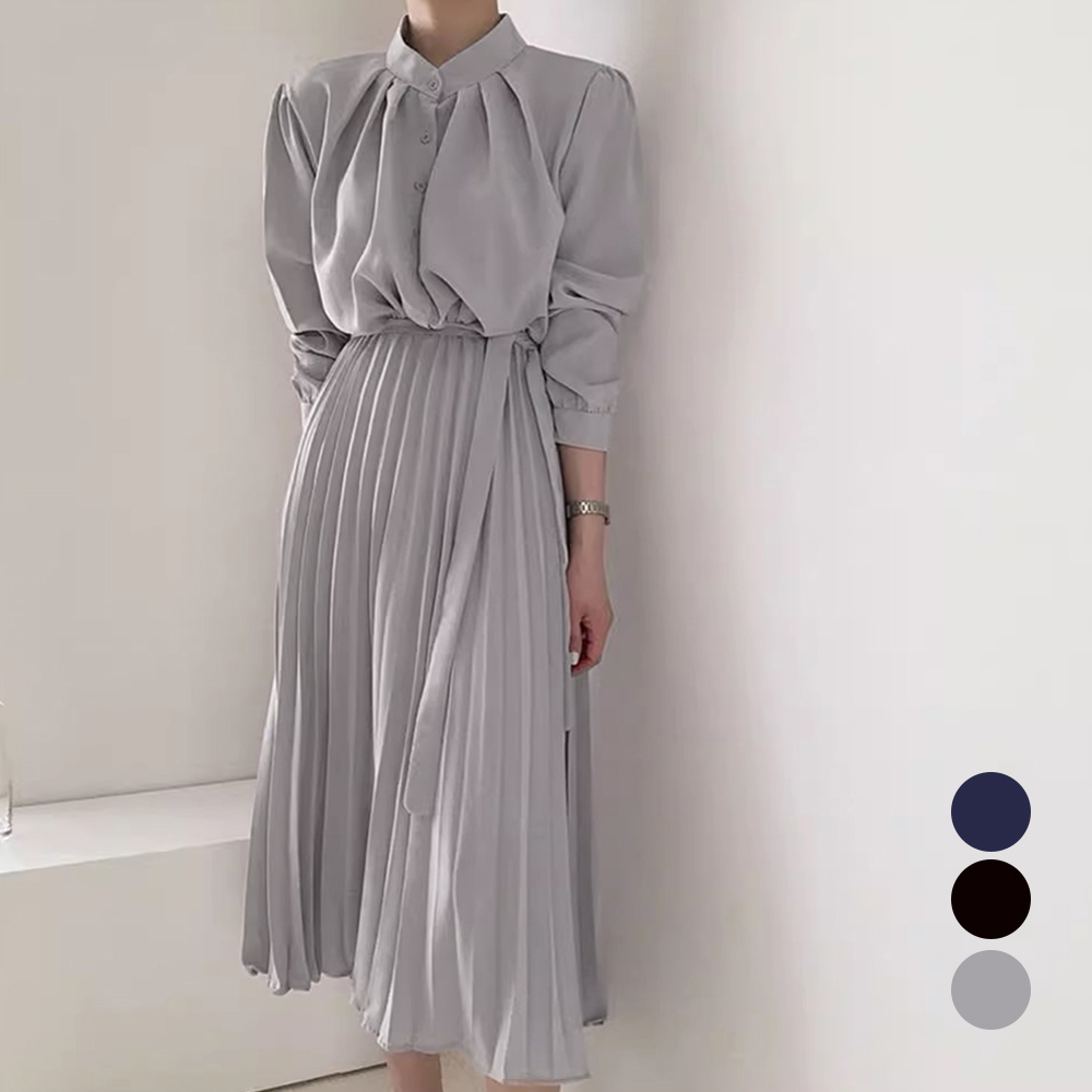 シンプルファッション 長袖プリーツワンピース ウエストリボン付きミディ丈