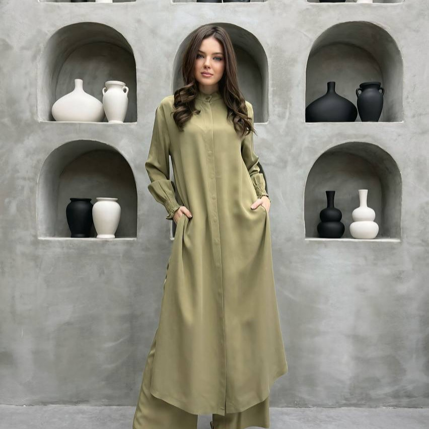 シンプルファッション スタンドカラーロングシャツ&ストレートパンツセット