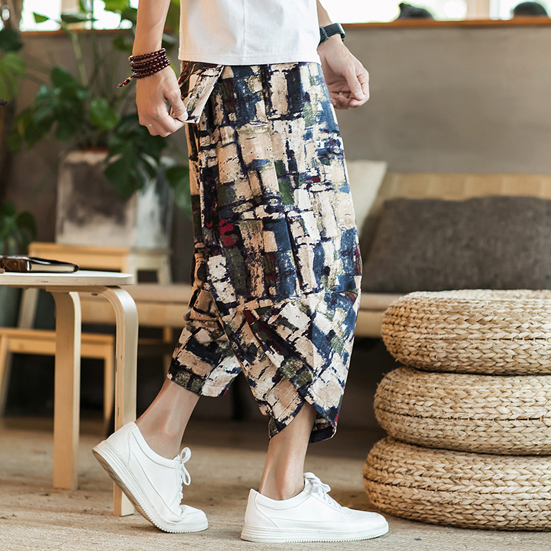 シンプルファッション アジアンエスニック柄ワイドパンツ七分丈