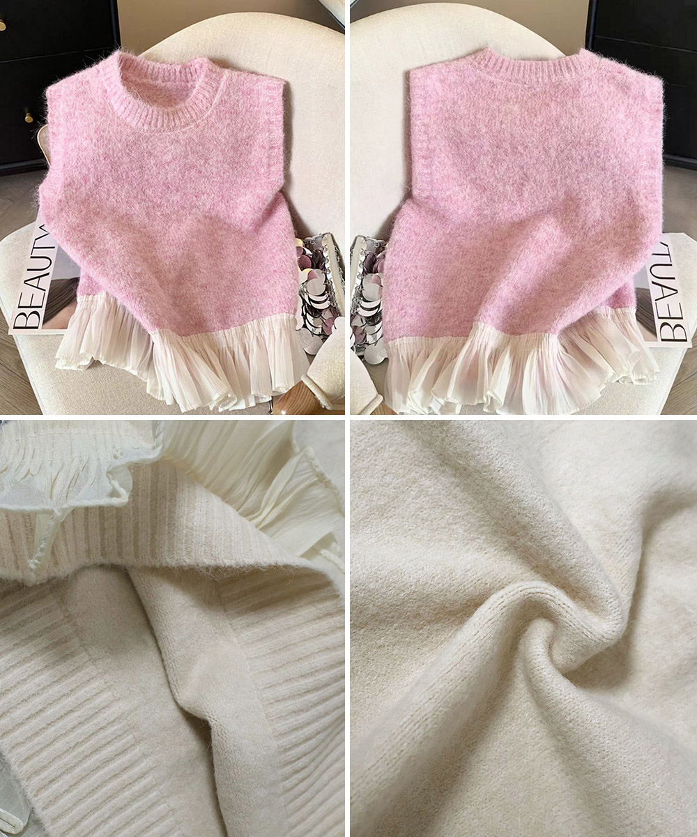 シンプルファッション 裾フリル付きニットベスト レディース 重ね着