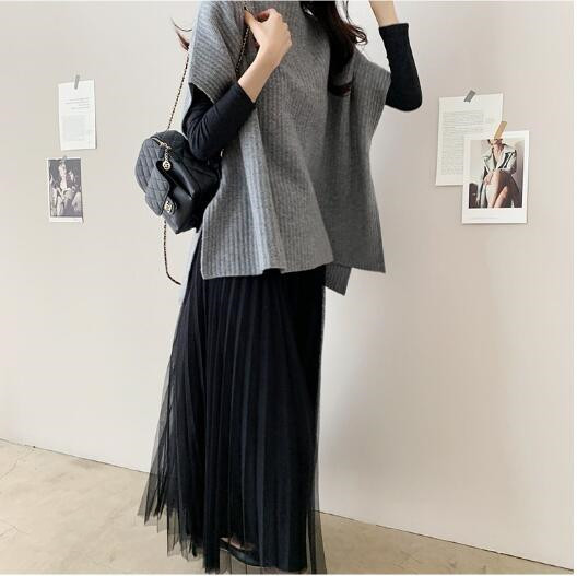 シンプルファッション 4色展開 リブニットマント ゆったりトップス 無地 体型カバー