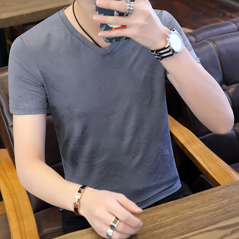シンプルファッション シルクタッチ模様入りVネック半袖Tシャツ