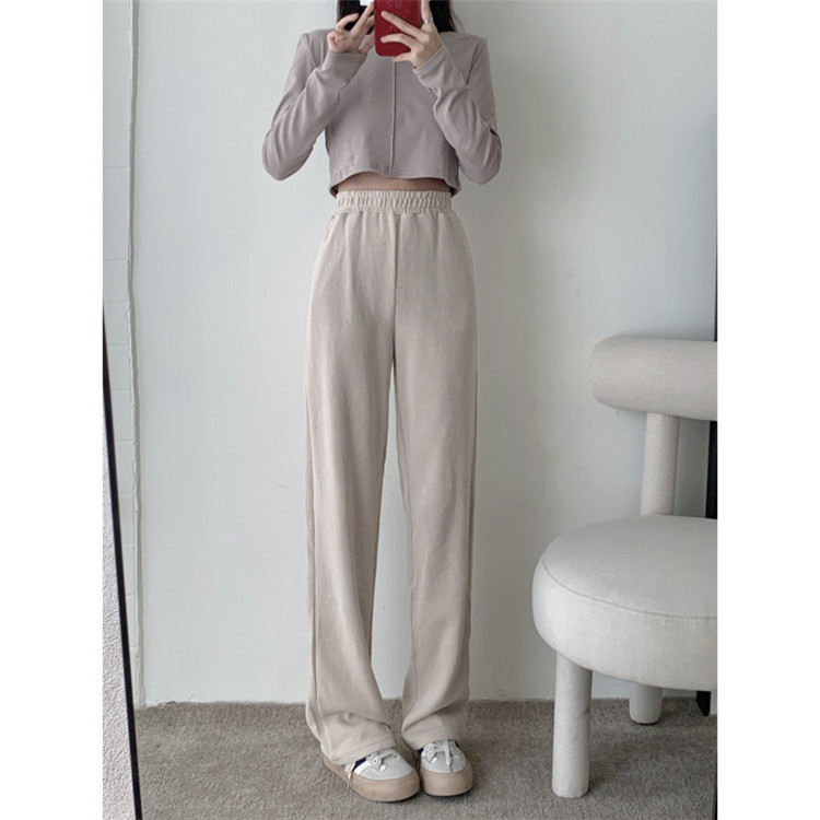 シンプルファッション シンプル ワイドレッグパンツ ハイウエスト 伸縮素材