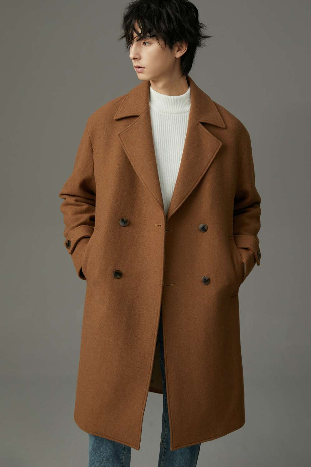 クラシック ダブルブレスト ロングコート シンプルファッション