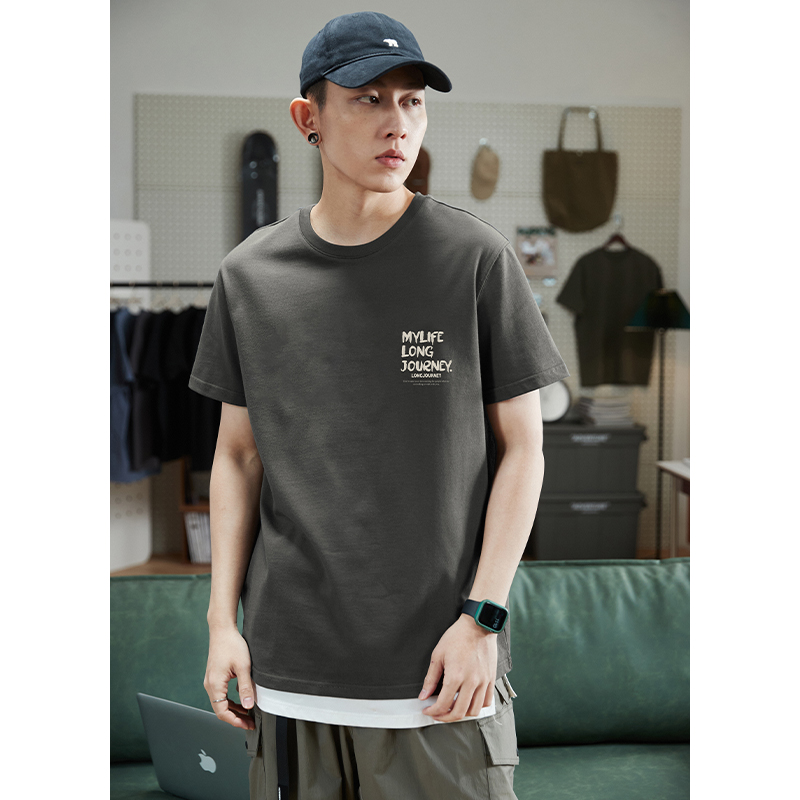 シンプルファッション 胸元メッセージプリント綿素材半袖Tシャツ