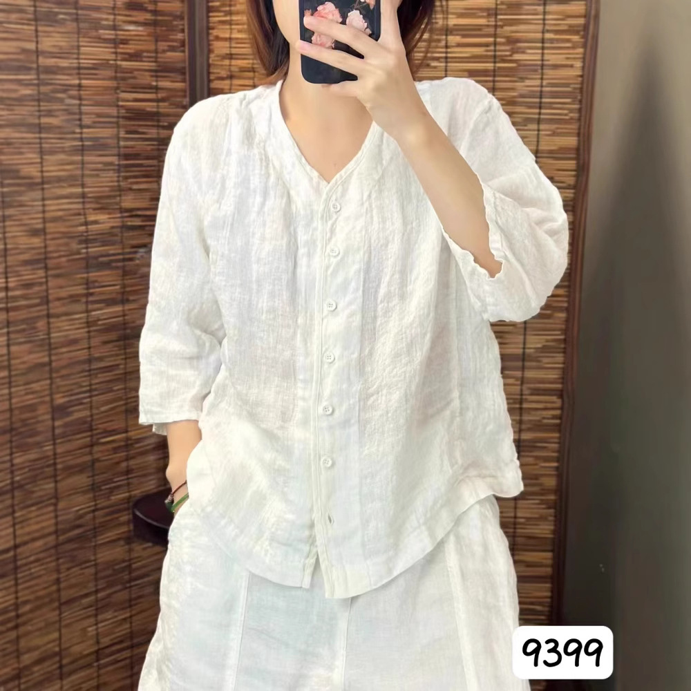 シンプルファッション リネンVネックシャツ 前開きゆったりブラウス