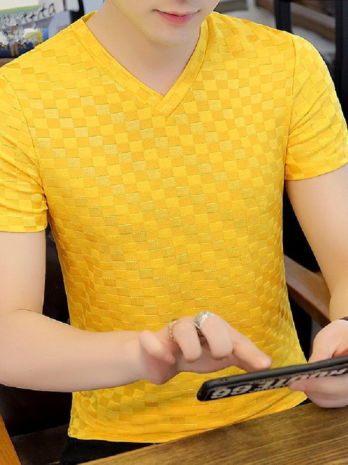 シンプルファッション 格子柄ジャカード編み半袖Tシャツ
