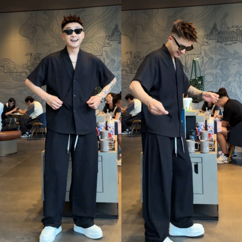 シンプルファッション 薄手Vネック縦縞セットアップ