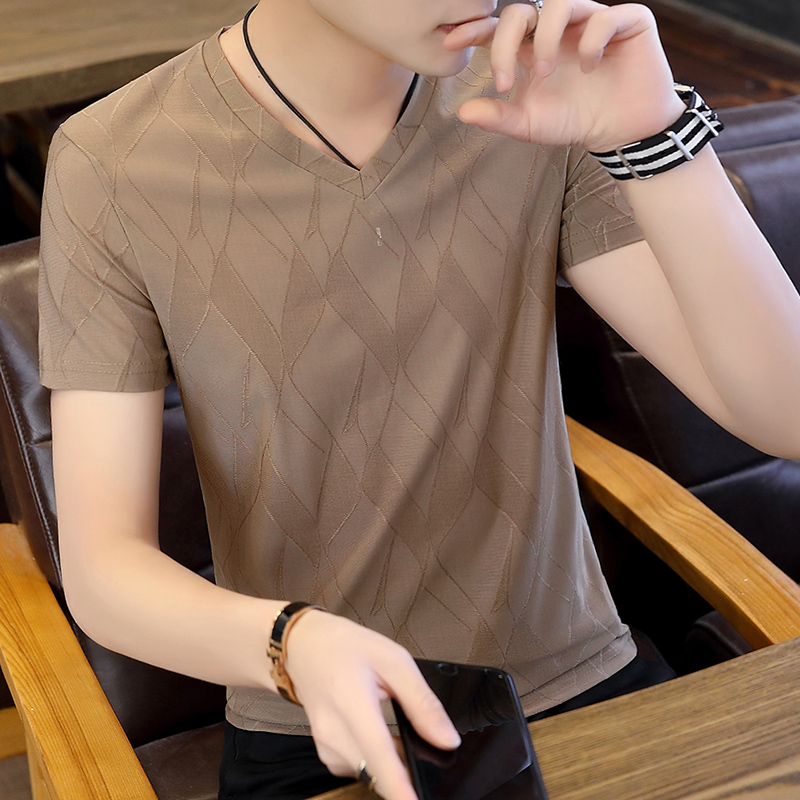 シンプルファッション シルクタッチ模様入りVネック半袖Tシャツ