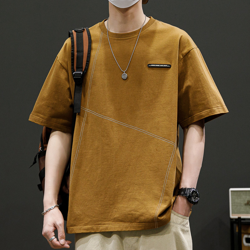シンプルファッション シルキー素材デザインステッチ半袖Tシャツ