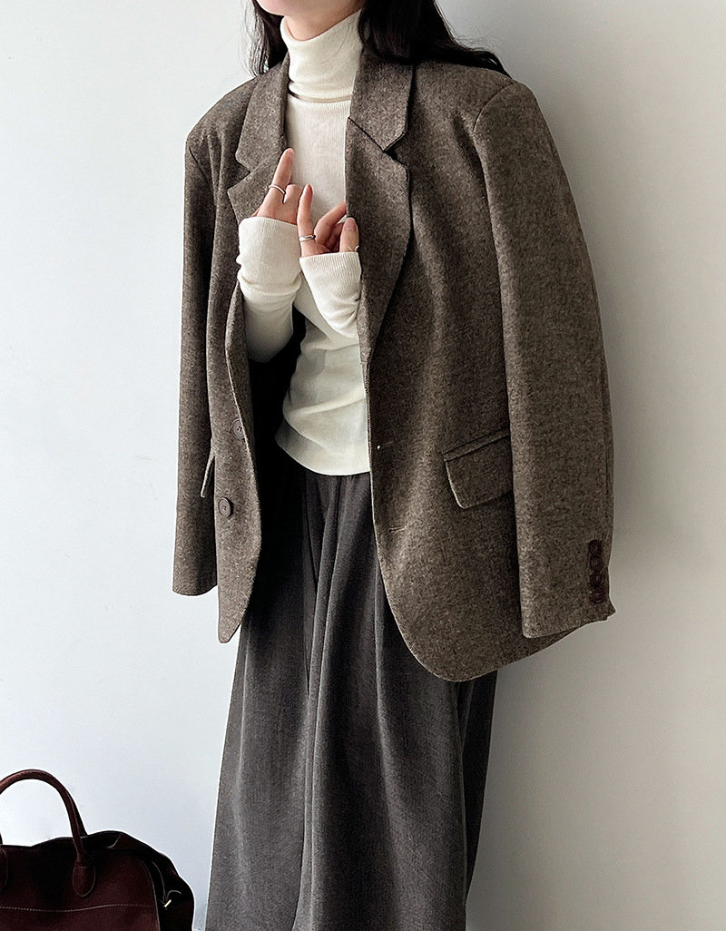 シンプルファッション レディース ウール混テーラードジャケット ブラウン