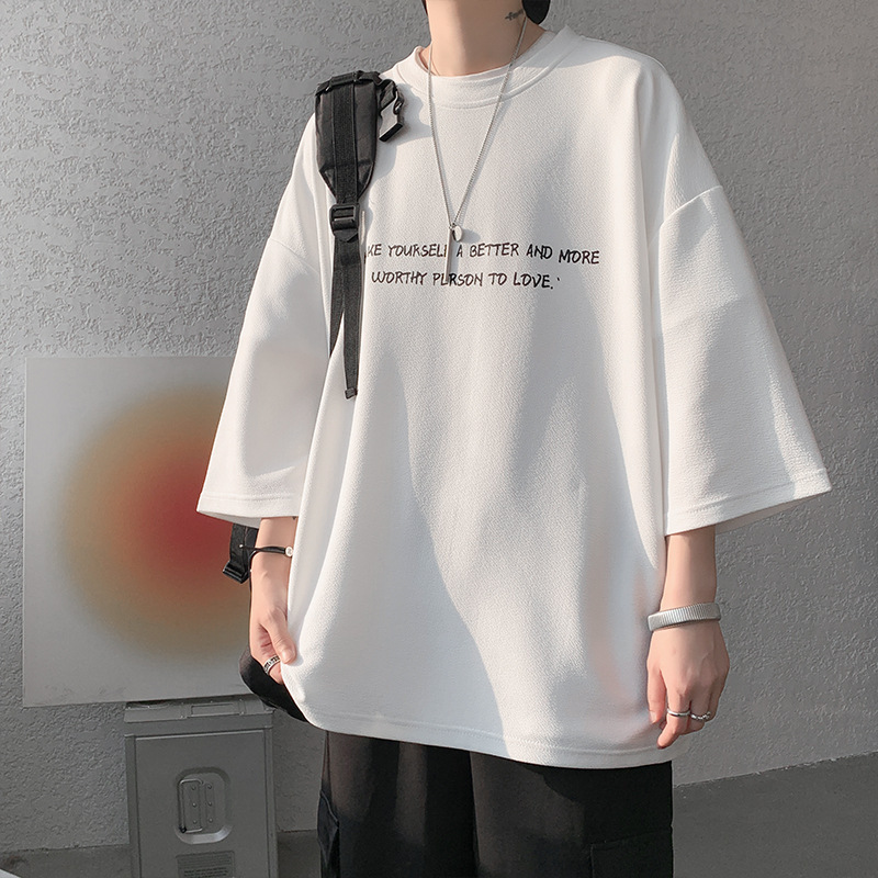 シンプルファッション シルキー素材メッセージプリント七分袖Tシャツ