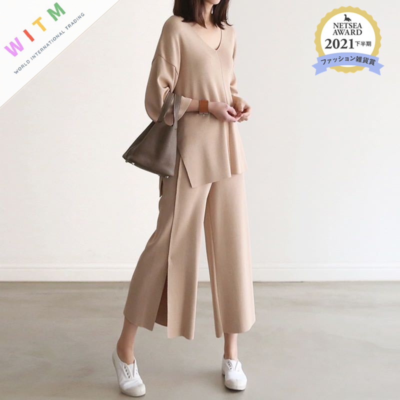 シンプルファッション 春夏ワイドパンツ セットアップ スリット入り大人カジュアル