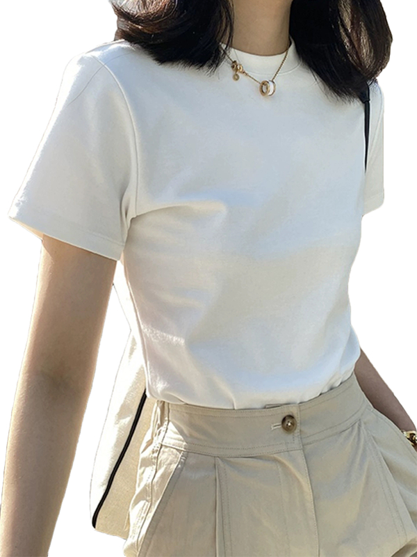 シンプルファッション ベーシック丸首半袖綿素材Tシャツ