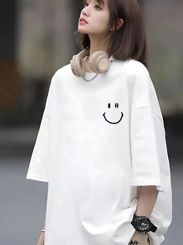 シンプルファッション ゆったり五分袖コットンサイドプリントTシャツ