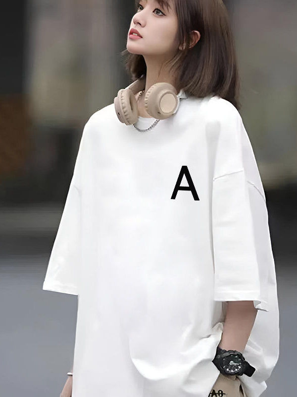 シンプルファッション ゆったり五分袖コットンサイドプリントTシャツ