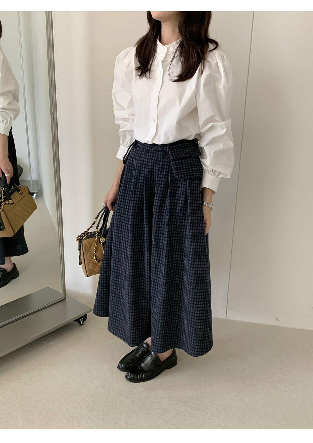 シンプルファッション チェック柄ミディロングスカート ウエストベルト付き