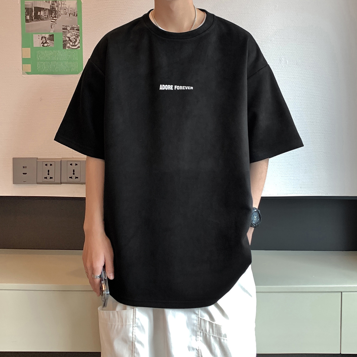 シンプルファッション 重量感のある五分袖ゆったりシンプルTシャツ