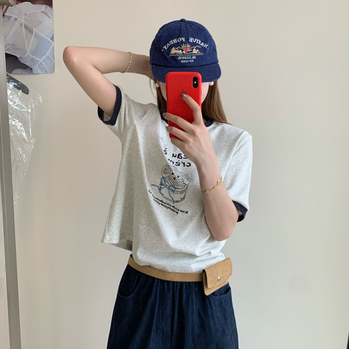 シンプルファッション ケーキプリント半袖リンガーTシャツ