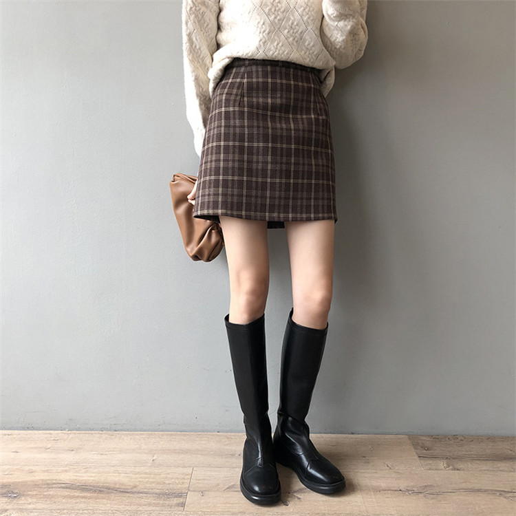 シンプルファッション チェック柄ハイウエストミニスカート秋冬