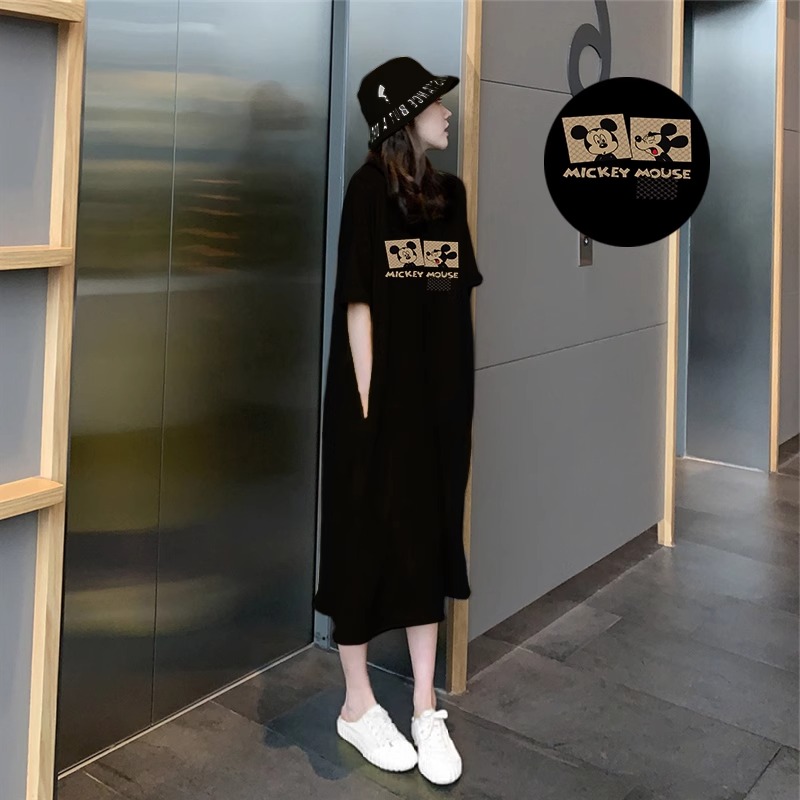 シンプルファッション うさぎモチーフ ロング丈コットンワンピース