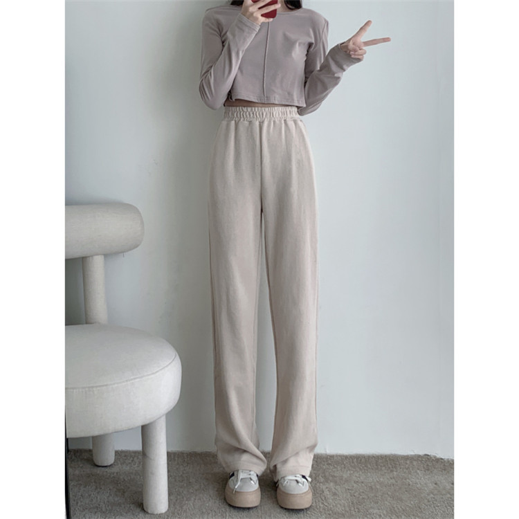 シンプルファッション シンプル ワイドレッグパンツ ハイウエスト 伸縮素材