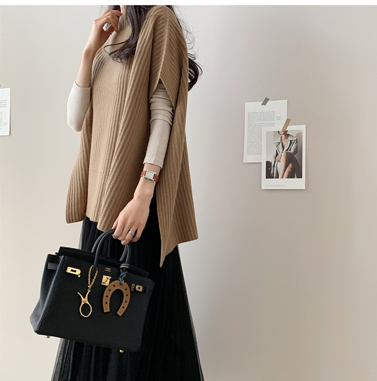 シンプルファッション 4色展開 リブニットマント ゆったりトップス 無地 体型カバー