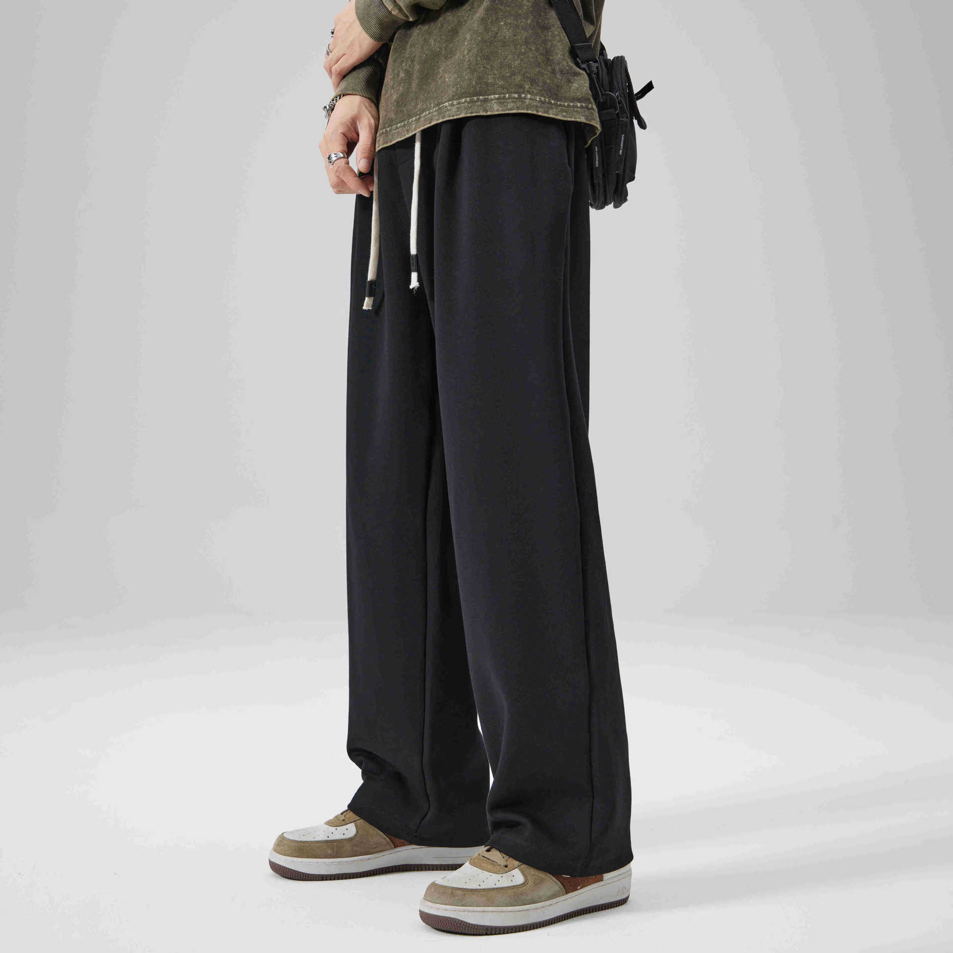 シンプルファッション ドローコード付きゆったりストレートパンツ