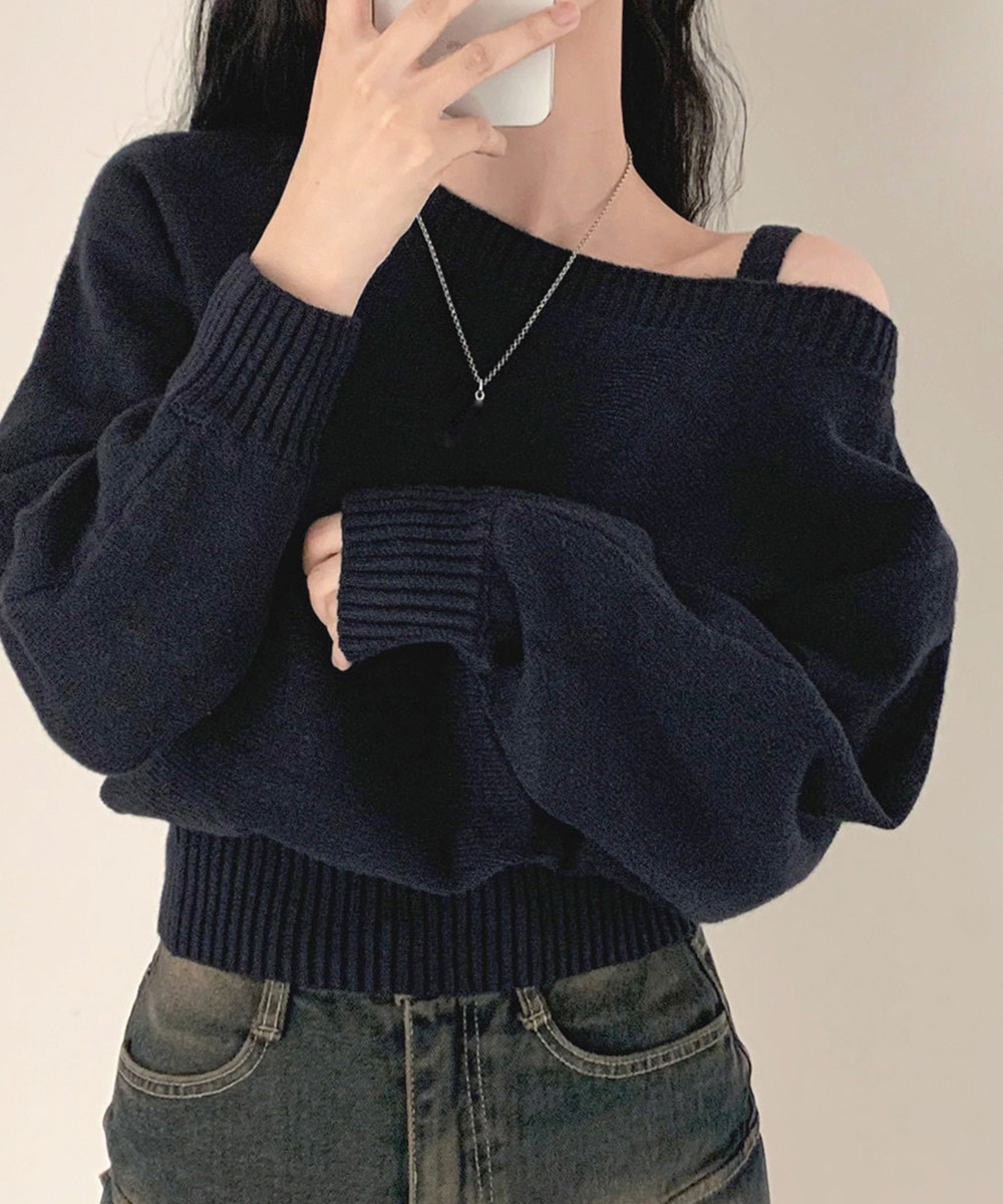 シンプルファッション ワンショルダーニットトップス肩見せ秋冬