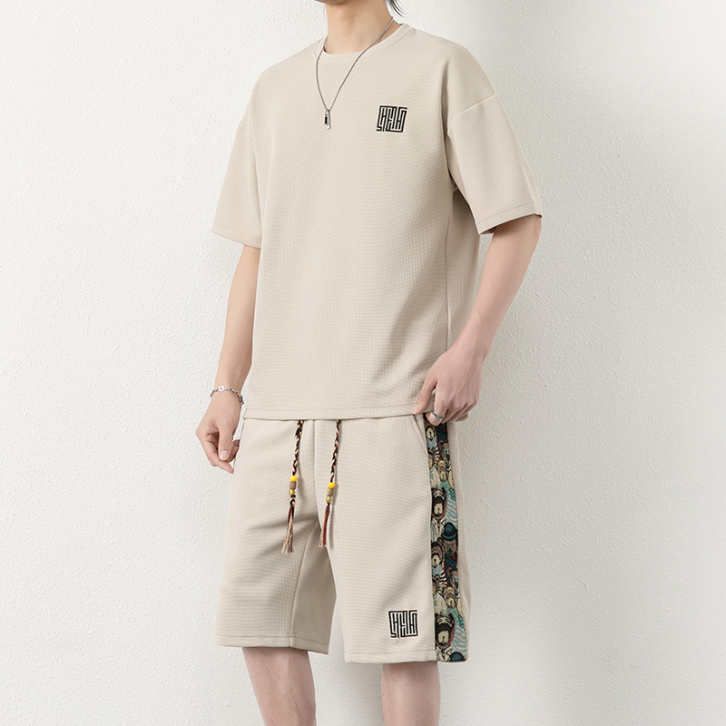 シンプルファッション ワッフル地セットアップ 半袖シャツ&ハーフパンツ