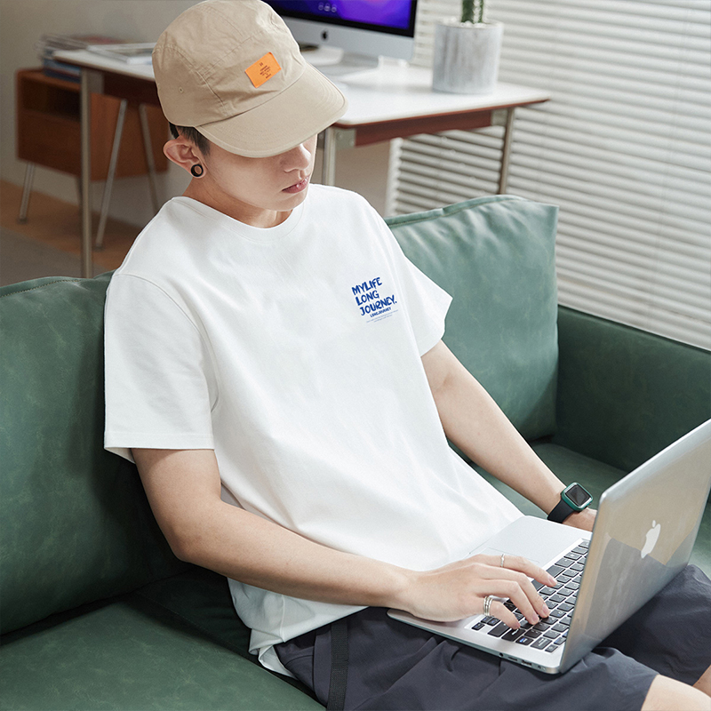 シンプルファッション 胸元メッセージプリント綿素材半袖Tシャツ