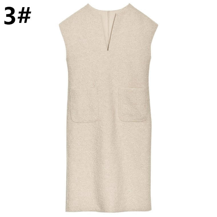 シンプルファッション 秋冬新作 深めのぶいネック ワンピース 無地 体型カバー 着回し抜群