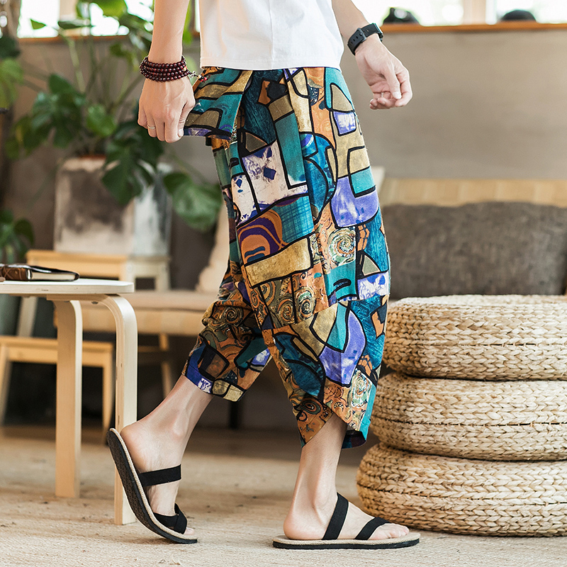 シンプルファッション アジアンエスニック柄ワイドパンツ七分丈
