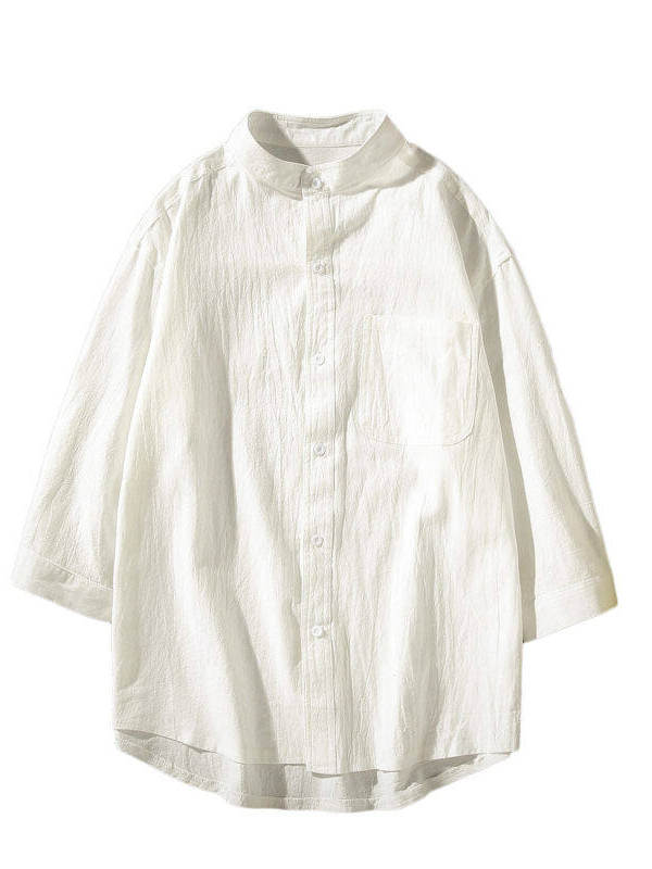 シンプルファッション スタンドカラー麻混紡七分袖シャツ