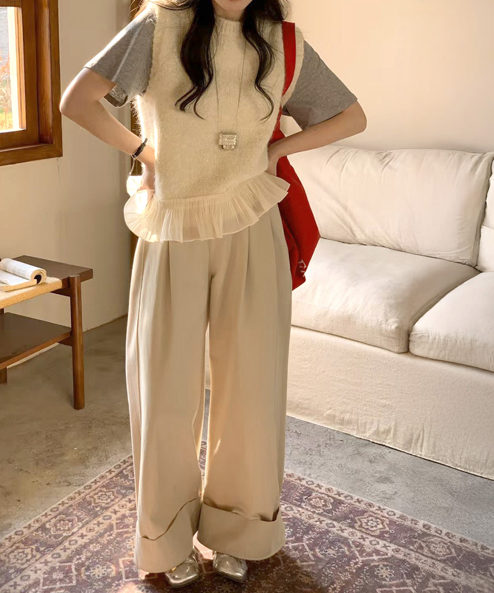 シンプルファッション 裾フリル付きニットベスト レディース 重ね着