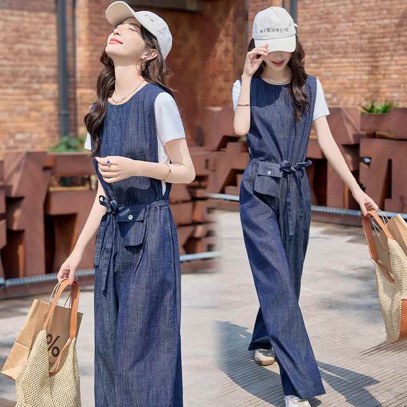 シンプルファッション ノースリーブデニムオールインワン