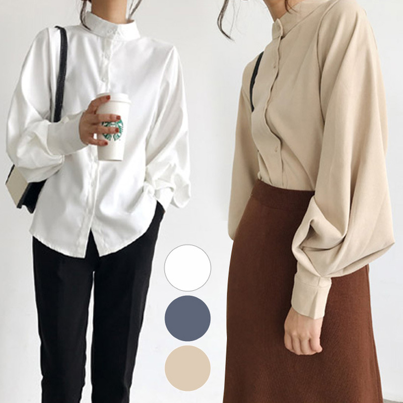 シンプルファッション 長袖ハイネックブラウス ボリューム袖 無地 春秋