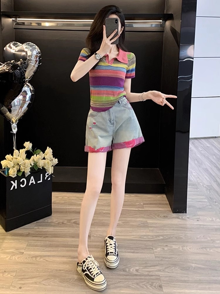 シンプルファッション マルチボーダーポロとデニムショート上下セット
