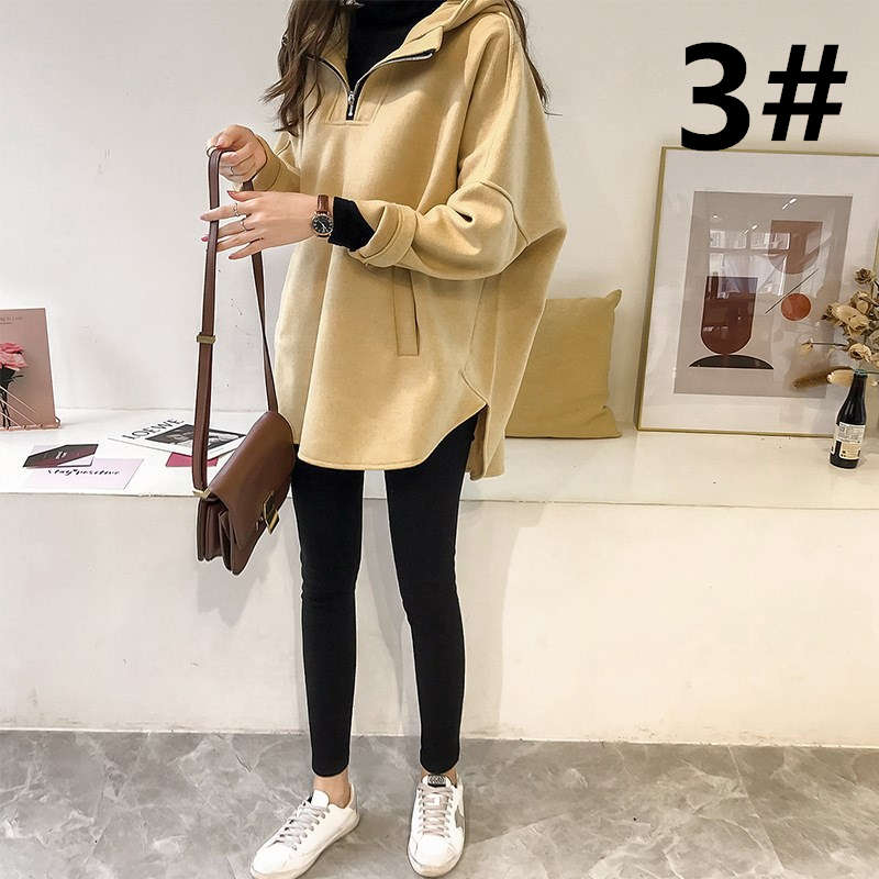 シンプルファッション フード付き無地パーカー体型カバー長袖チャック付きレディース