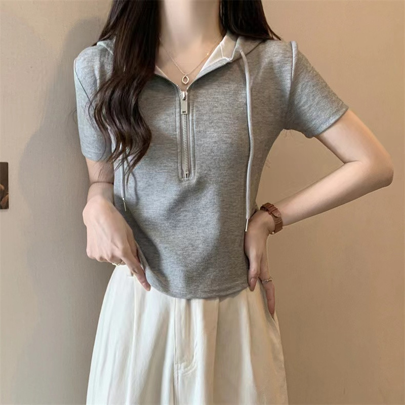 シンプルファッション コンパクトフード付きハーフジップTシャツ