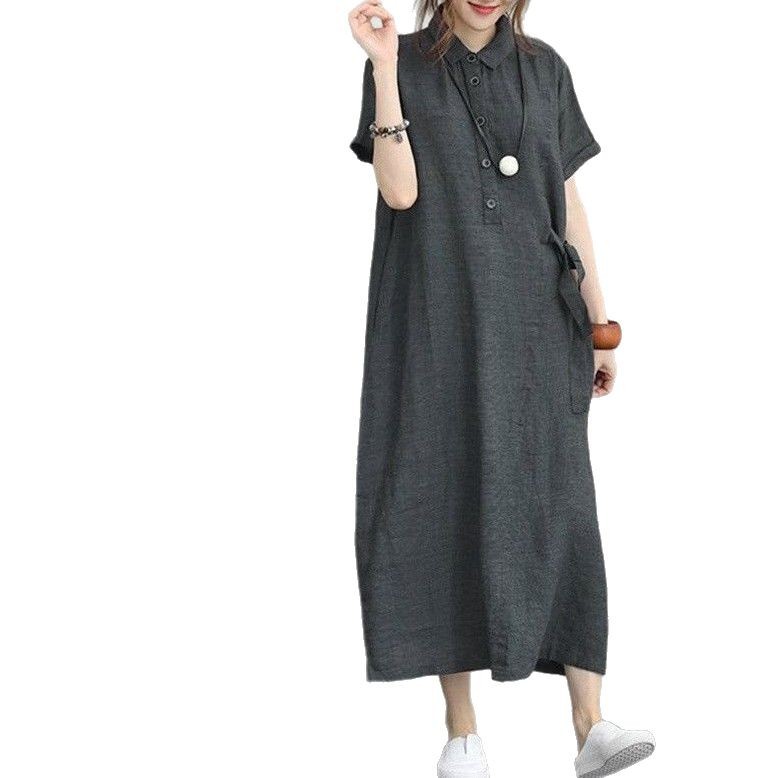 シンプルファッション 綿麻素材シンプル襟付きゆったりワンピース