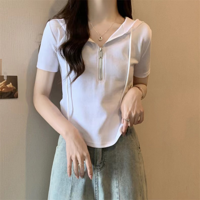 シンプルファッション コンパクトフード付きハーフジップTシャツ
