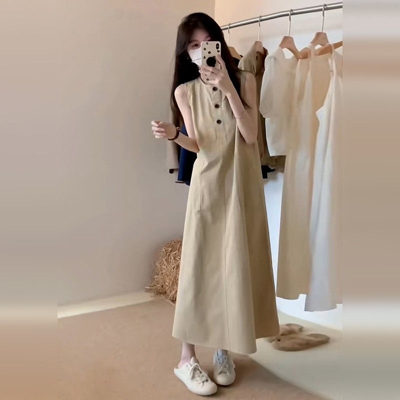 シンプルファッション ノースリーブワークテイストロングワンピース