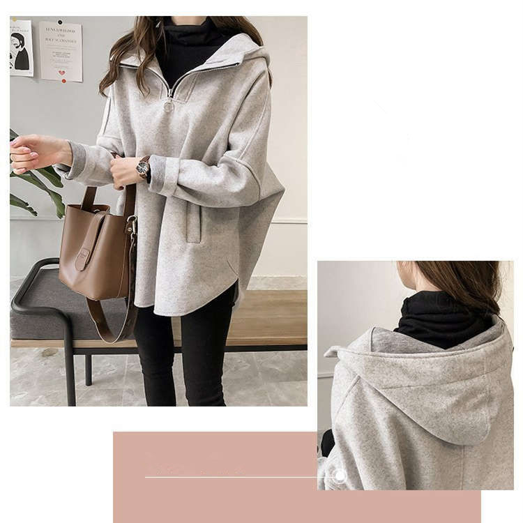シンプルファッション フード付き無地パーカー体型カバー長袖チャック付きレディース