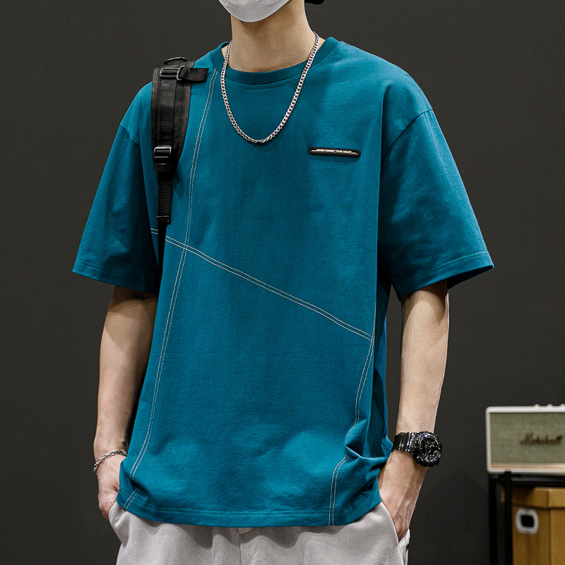 シンプルファッション シルキー素材デザインステッチ半袖Tシャツ