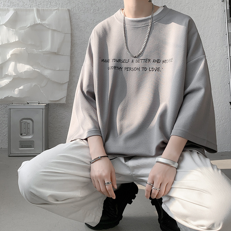 シンプルファッション シルキー素材メッセージプリント七分袖Tシャツ
