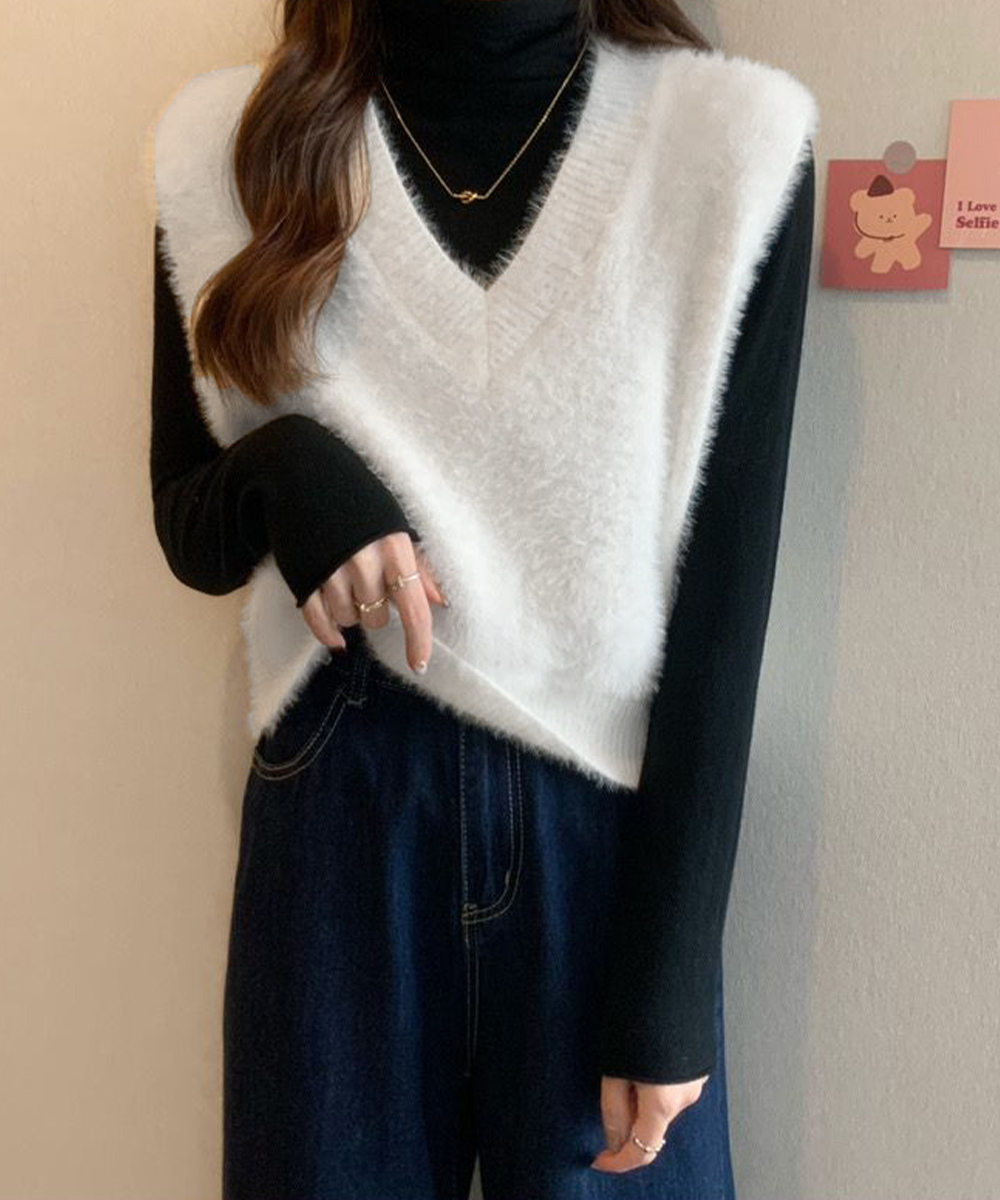 シンプルファッション ふわふわシャギーニットベスト