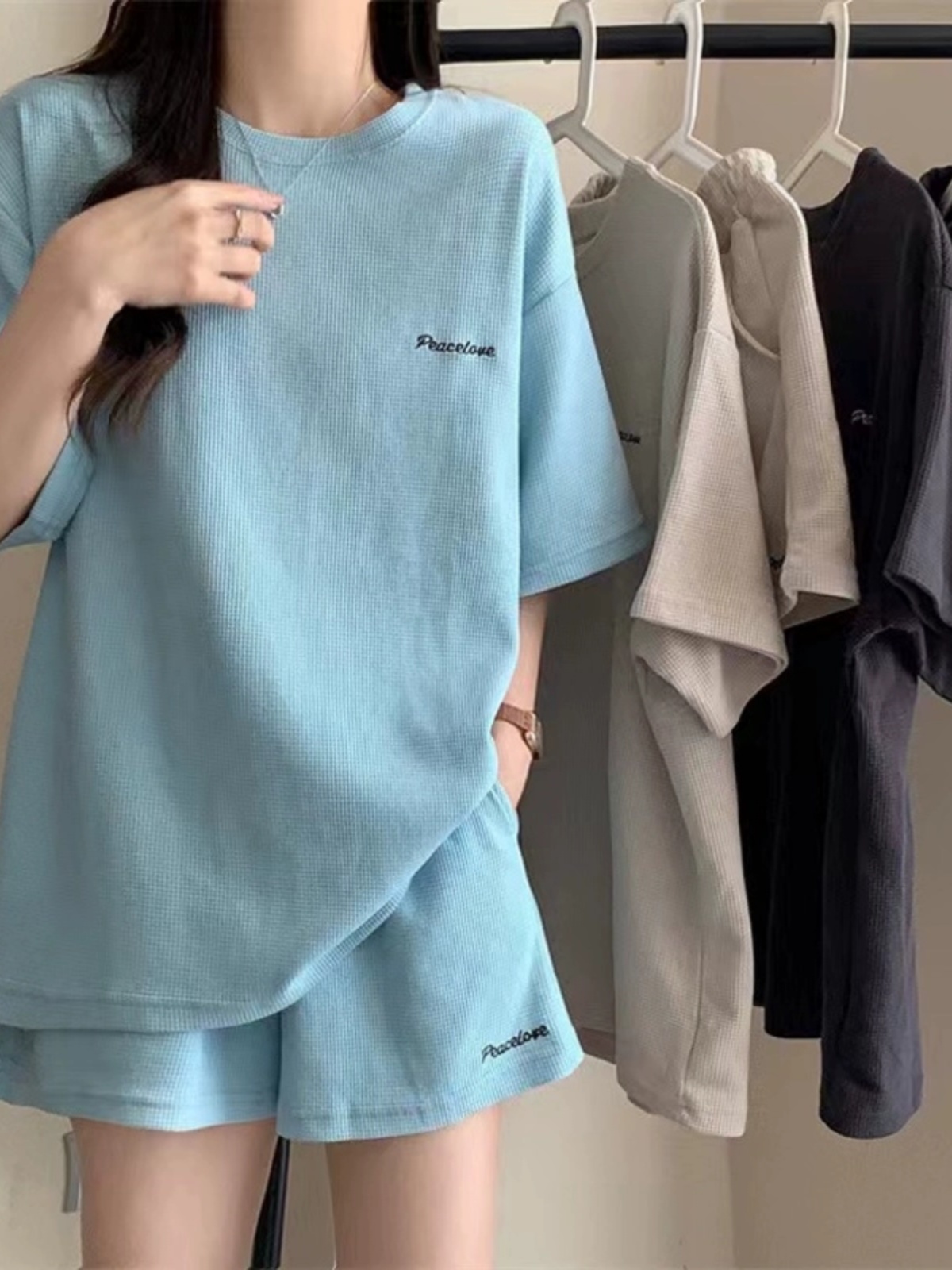 シンプルファッション ワッフル生地ゆったりショートパンツセット