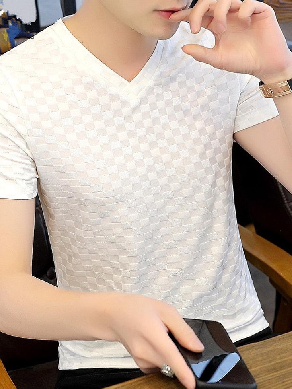 シンプルファッション 格子柄ジャカード編み半袖Tシャツ