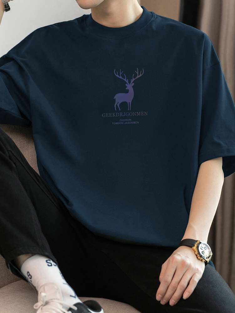 シンプルファッション 厚手純綿鹿柄プリントTシャツ